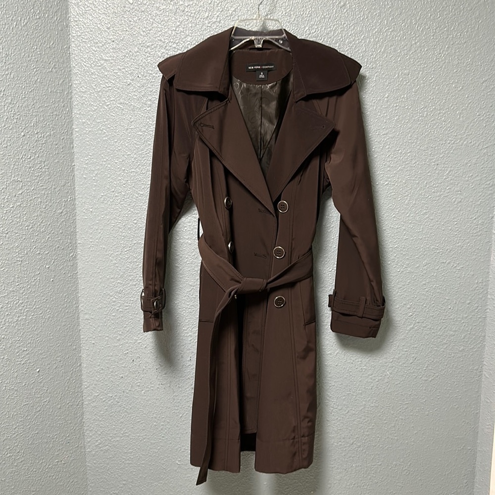 Chocolate brown trench coat.